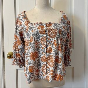Rachel Zoe Linen Blend Orange Gray & White Floral Button Front Blouse, Size M